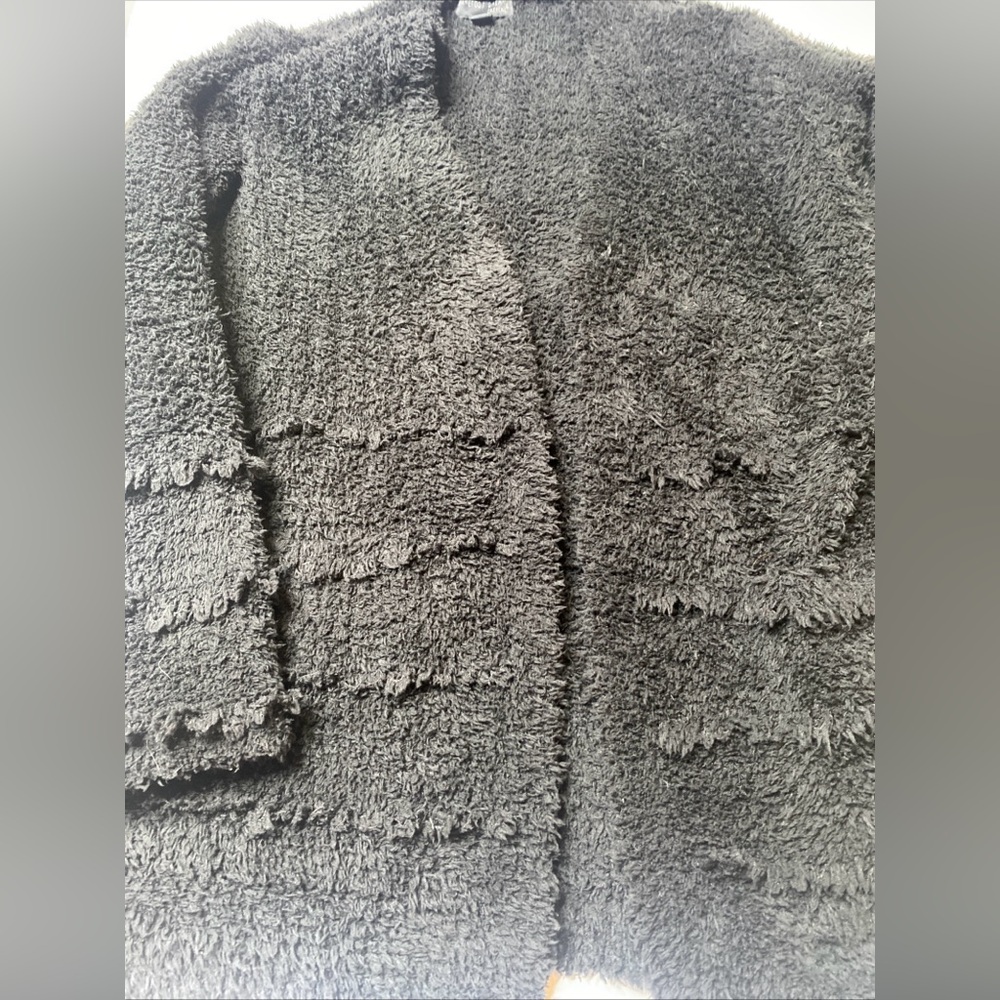 Barefoot Dreams Women CozyChic Boardwalk Cardigan Black Pockets Fringe XS